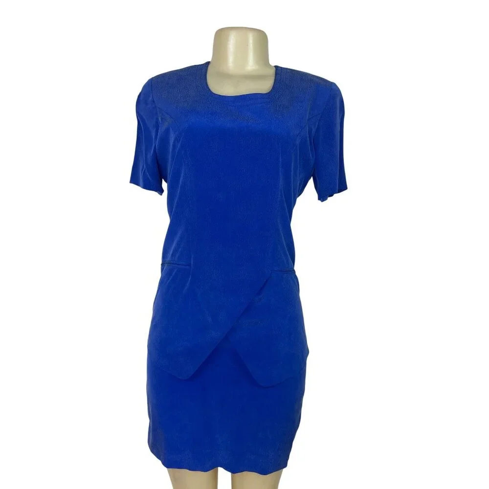 YL Women's Royal Blue Short Sleeve Dress W/ Back Zipper Elegant Design Size 4P - Picture 1 of 10